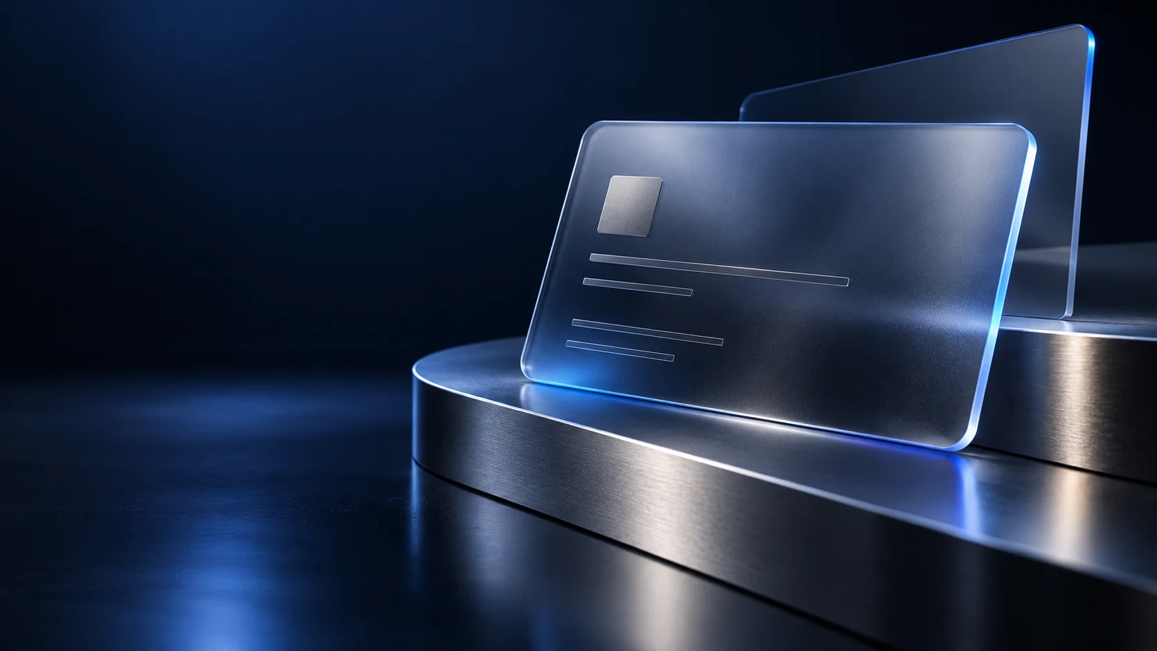 A translucent identity card on a titanium platform